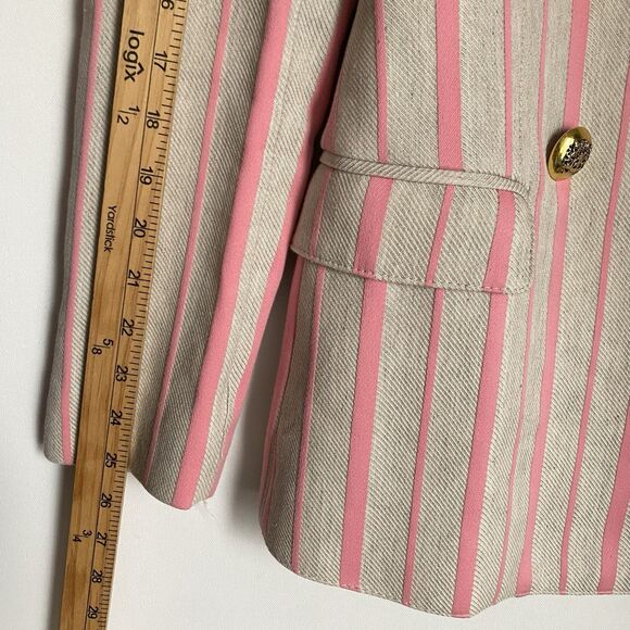 Smythe Linen Blend Blazer Sz 8 Striped Pink Double Breasted Gold Button Dressy - Picture 8 of 12